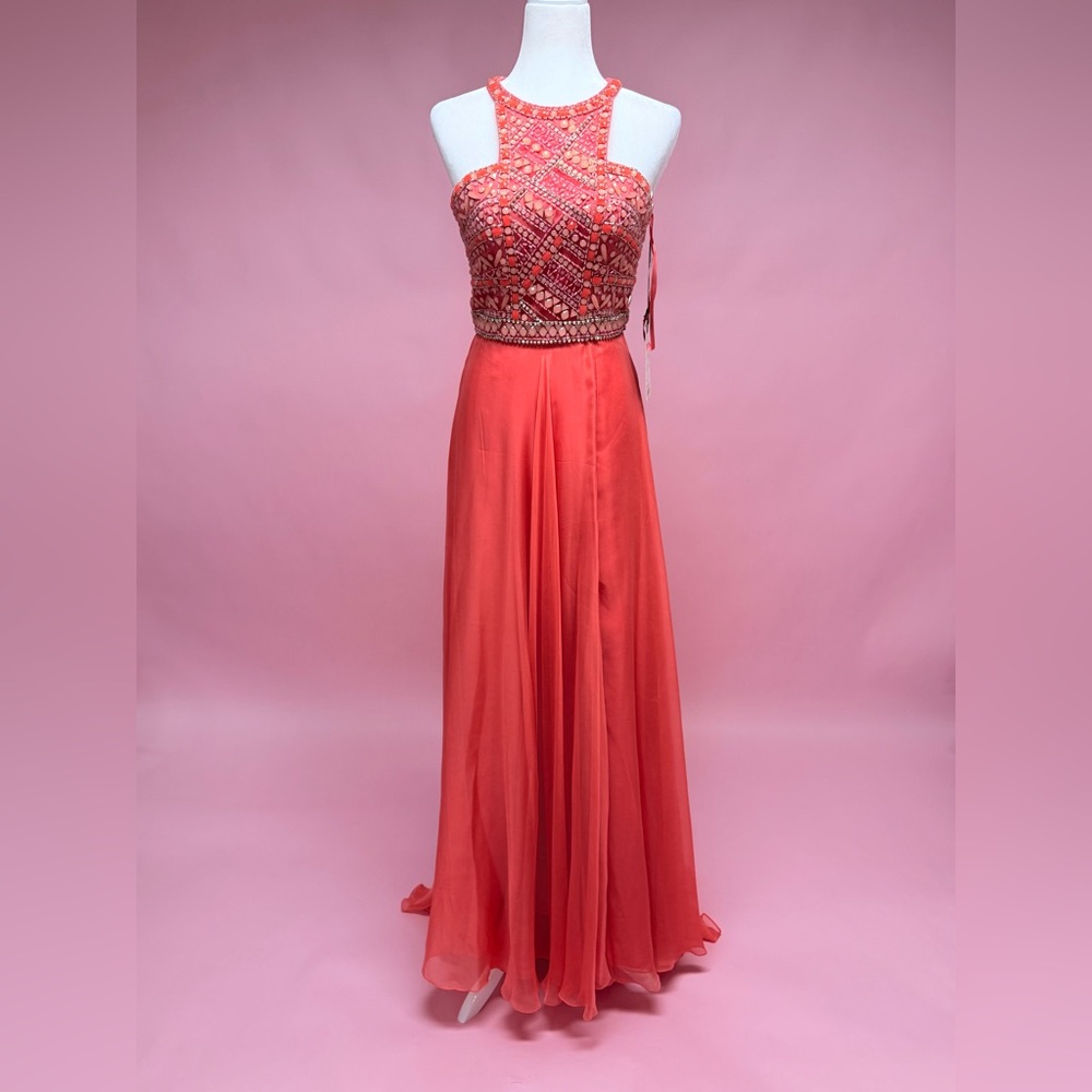 Mac Duggal Coral Halter Beaded Prom Gown